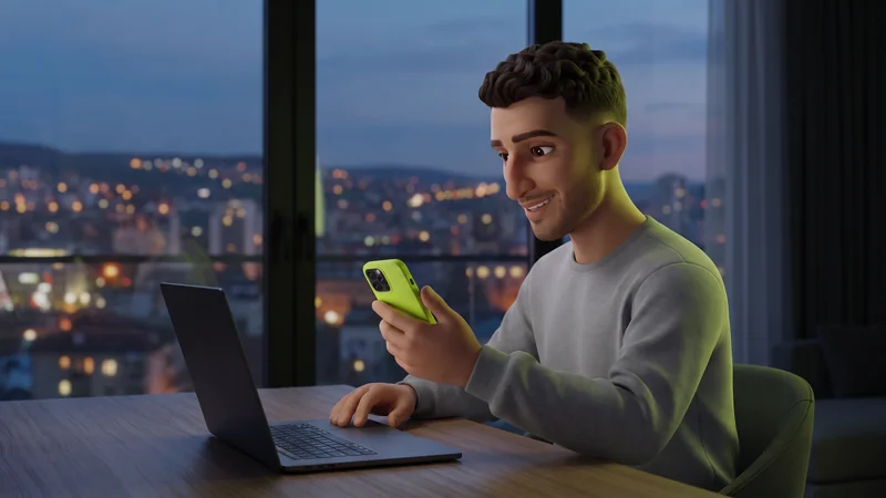 Ilustrim 3D: nje djale i ri buzeqesh duke pare telefonin me kellef lime ne nje apartament ne Prishtine ne mbremje, me laptopin hapur dhe dritat e qytetit pas dritares