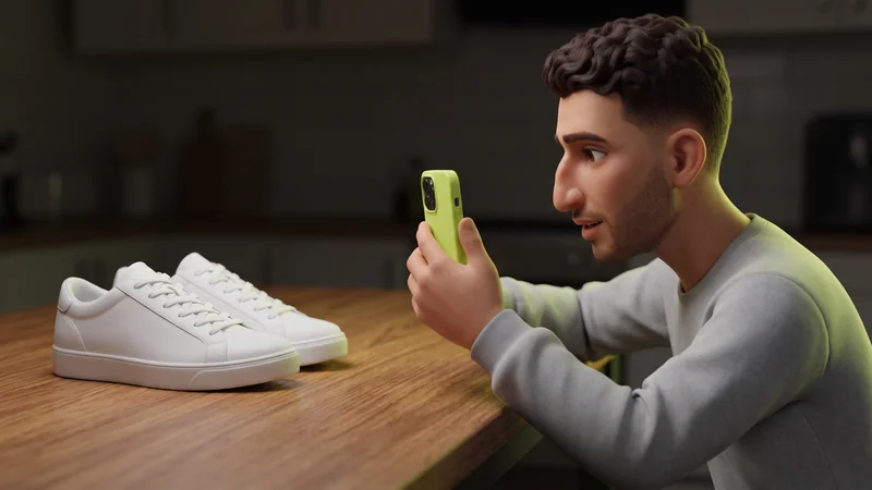 Ilustrim 3D: nje djale i ri, i pare nga ana, filmon me telefonin me kellef lime nje pale atlete te bardha mbi tavolinen prej druri