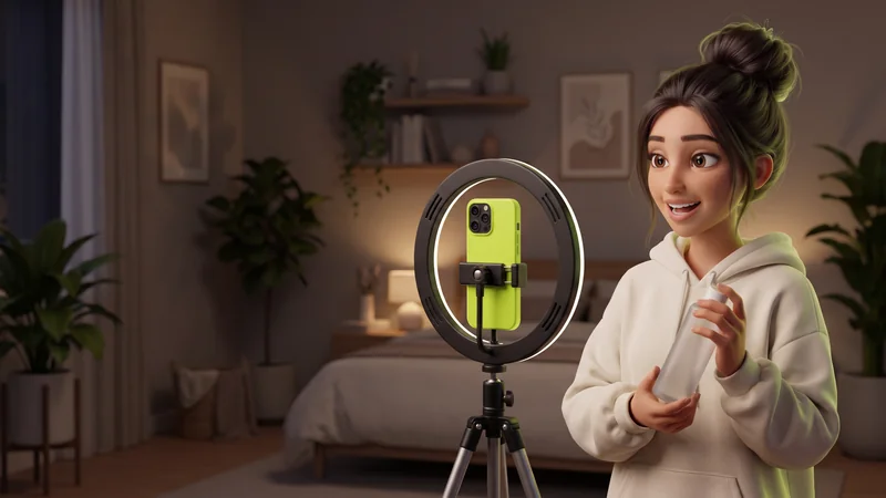 Ilustrim 3D: nje vajze e re regjistron nje video ne dhomen e saj me telefonin me kellef lime mbi trekembesh me drite rrethore, duke treguar nje shishe te vogel pa etikete