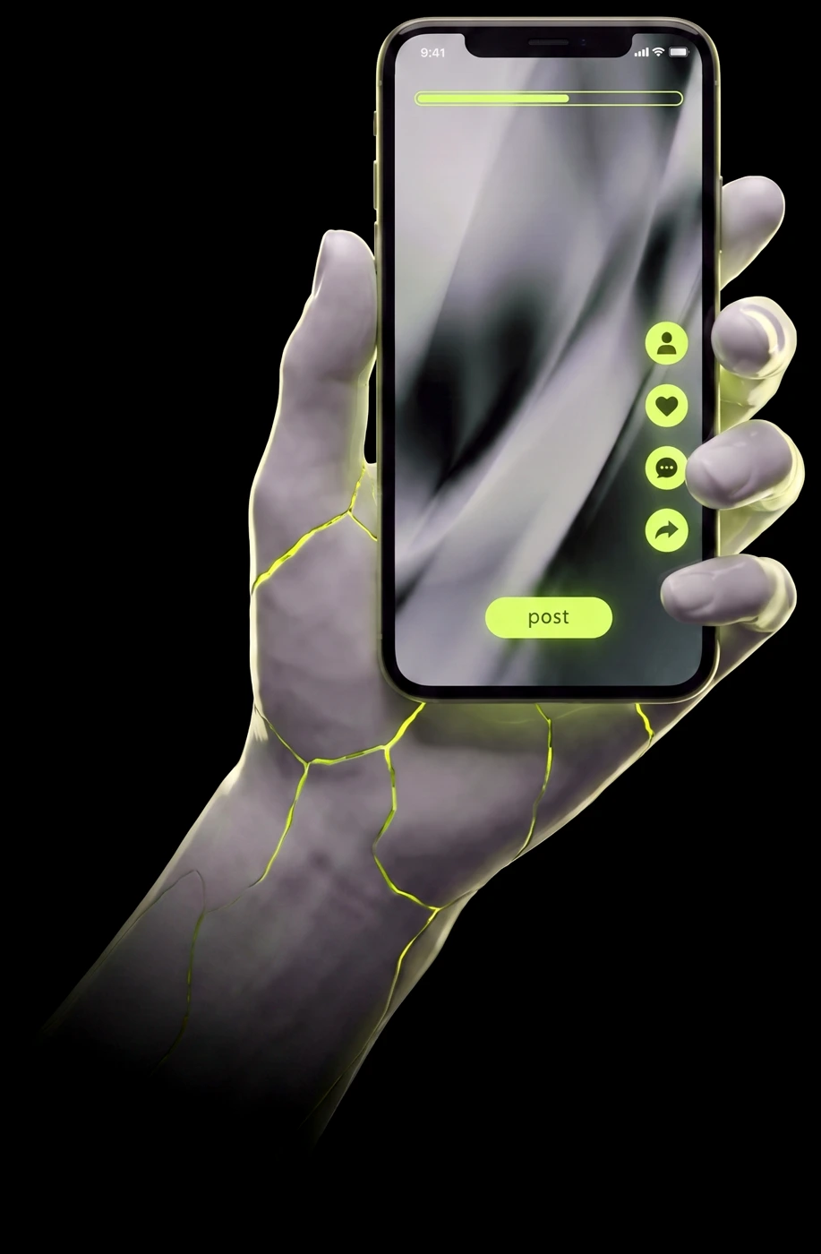 Dorë porcelani kintsugi mban një telefon dhe poston një video në rrjete sociale